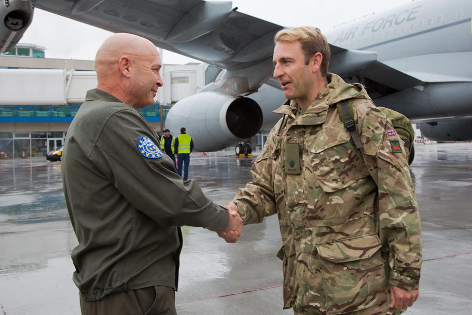 COM EUFOR, Major General Anton Waldner, greeting UK soldiers as they arrive at Sarajevo International Airport ready for the start of Quick Response 17